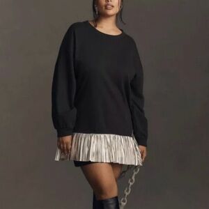 Anthropologie Pilcro Black Sweatshirt Silver Metallic Trim Tunic Mini Dress Sz M